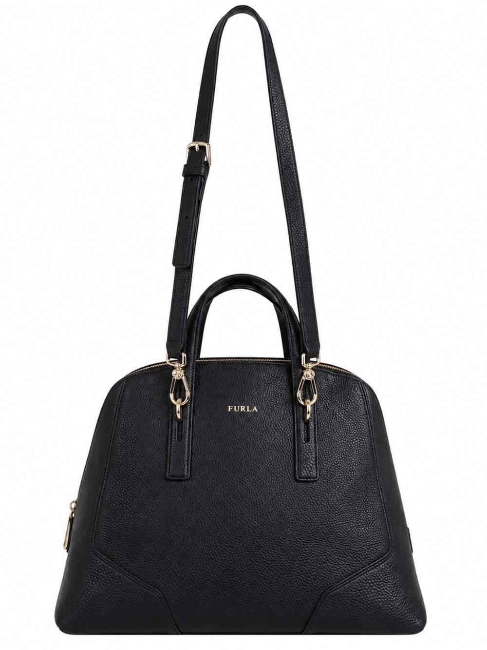 Furla Black Genuine Leather Satchel Handbag with Removable Crossbody Strap